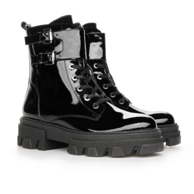 Czarne lakierowane botki AMANDA na stabilnej 5 cm podeszwie