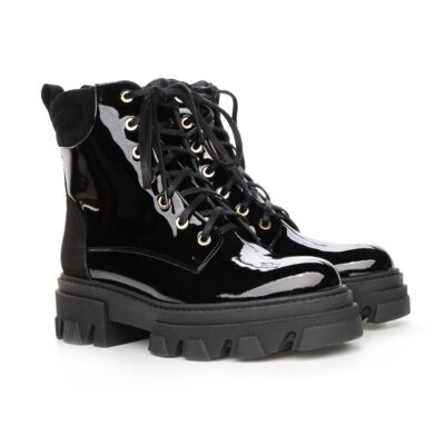 czarne sznurowane botki LINSEY ze złotymi elementami i zamszową wstawką