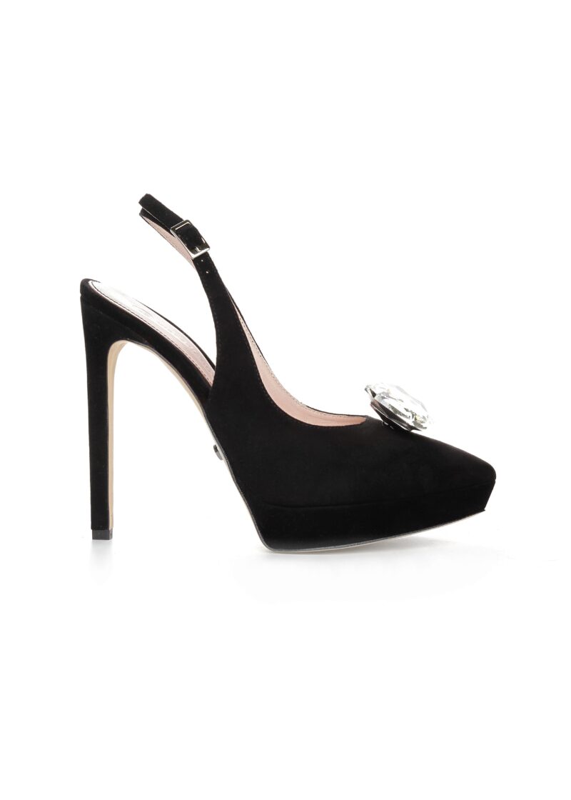 5a Czółenka ELEN – czarne zamszowe czółenka z odkrytą piętą i kryształem, widok główny