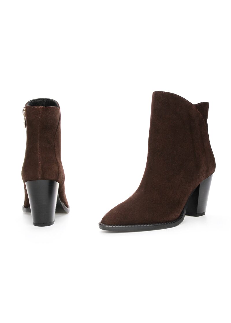 Zamszowe botki ZOLA na obcasie – eleganckie, brązowe, skórzane
