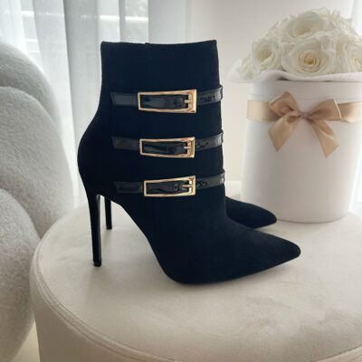 Czarne botki damskie na szpilce wykonane z naturalnego czarnego zamszu