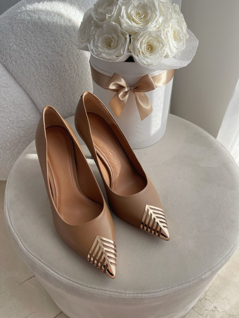 Nosek w szpic w brązowych czółenkach damskich na szpilce