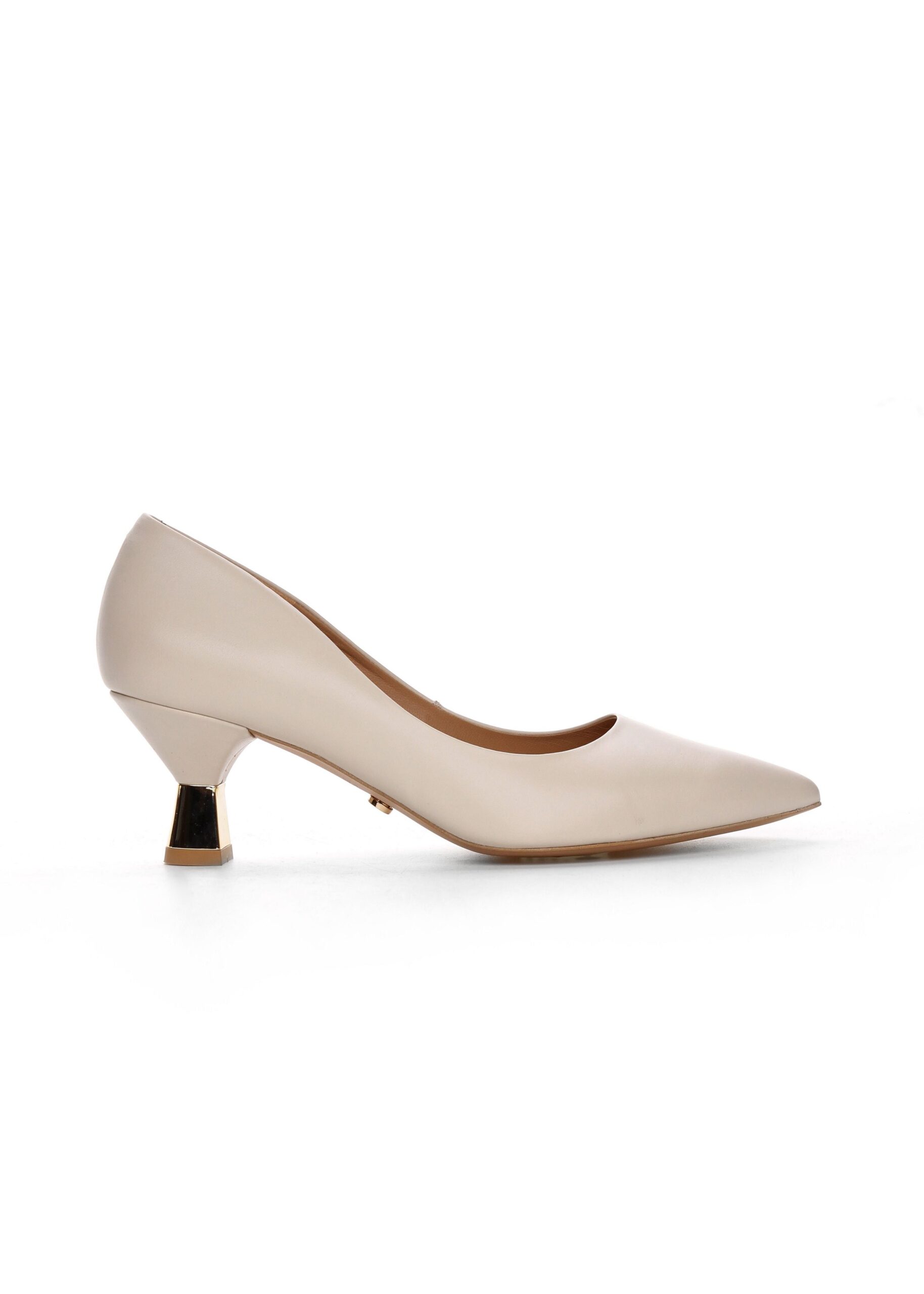 Beżowe czółenka ze złotym obcasem bokiem Beżowe czółenka ze złotym obcasem bokiem