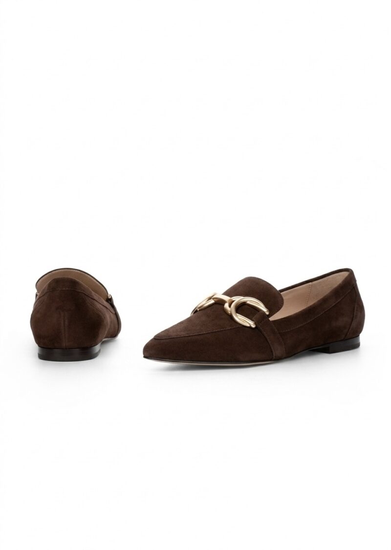 Czekoladowe zamszowe mokasyny damskie ANN BROWN ze złotym łańcuszkiem