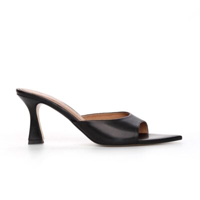 Tekst alternatywny: Czarne skórzane klapki na szpilce JENNY bokiem