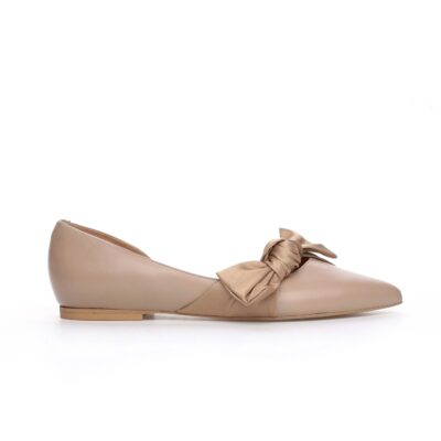 Beżowe baleriny LIMA ze skóry naturalnej z satynową kokardą bokiem