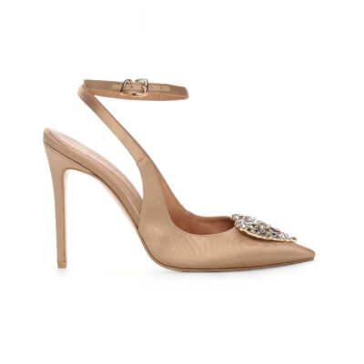 Czółenka LORA BEIGE beżowe szpilki 11 cm z odkrytą piętą i ozdobą serce bokiem