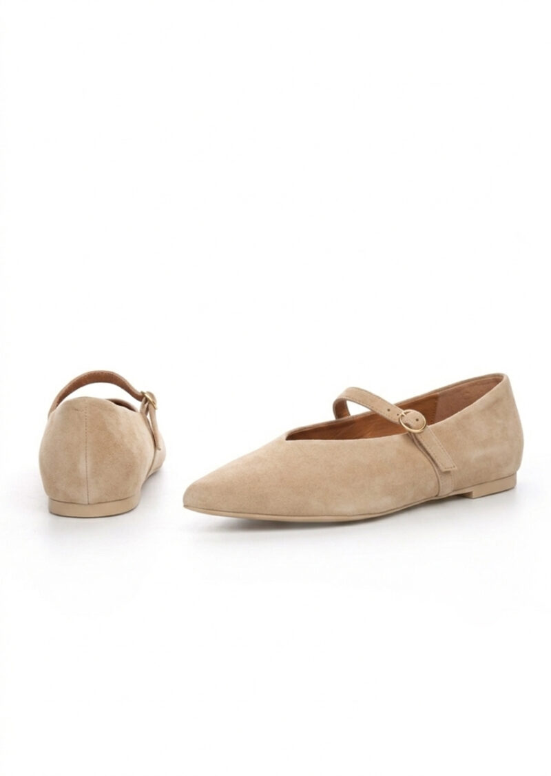 Bezowe zamszowe baleriny przód i tył – skóra naturalna, ręcznie robione
