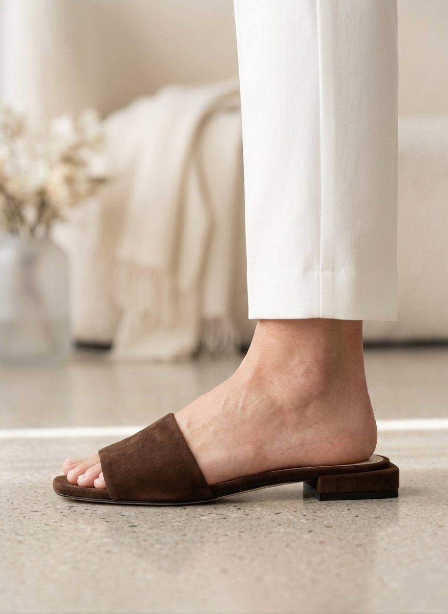 Zamszowe brązowe klapki CLARIE BROWN, na nodze