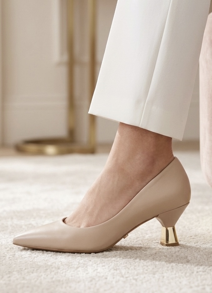 Beżowe czółenka ze złotym obcasem MANILA