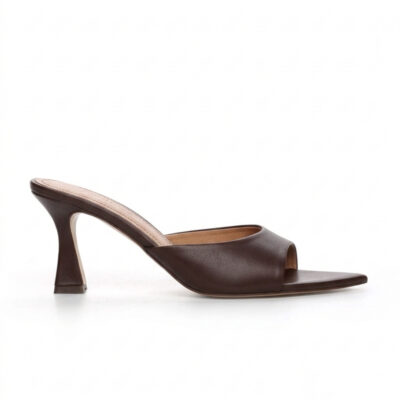 Brązowe klapki ze skóry naturalnej JENNY BROWN damskie klapki skórzane na obcasie 8 cm