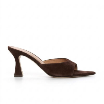 Zamszowe klapki na szpilce JENNY BROWN brązowe klapki damskie z noskiem w szpic