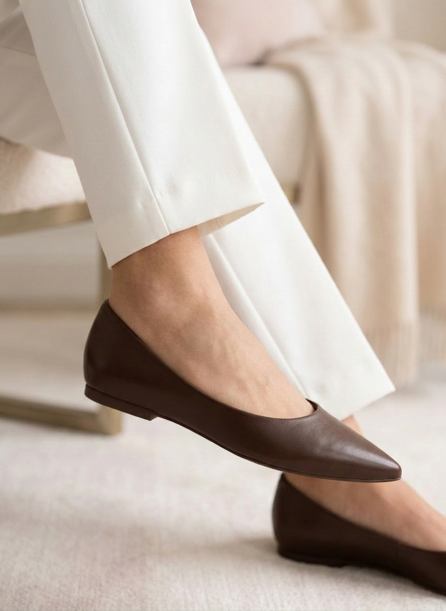 Czekoladowe brązowe baleriny damskie ze skóry naturalnej