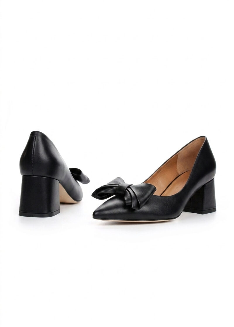 czółenka TESS BLACK przód i tył skóra naturalna kokardka