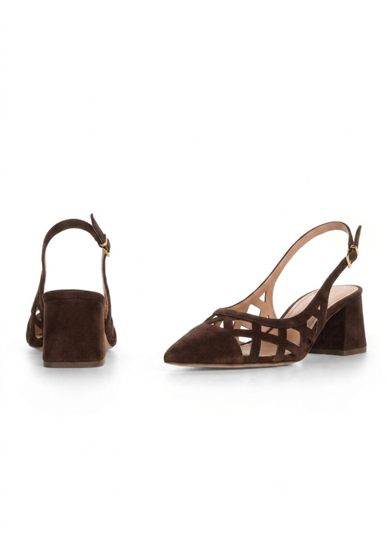 brązowe ażurowe czółenka zamszowe przód tył HARPER BROWN