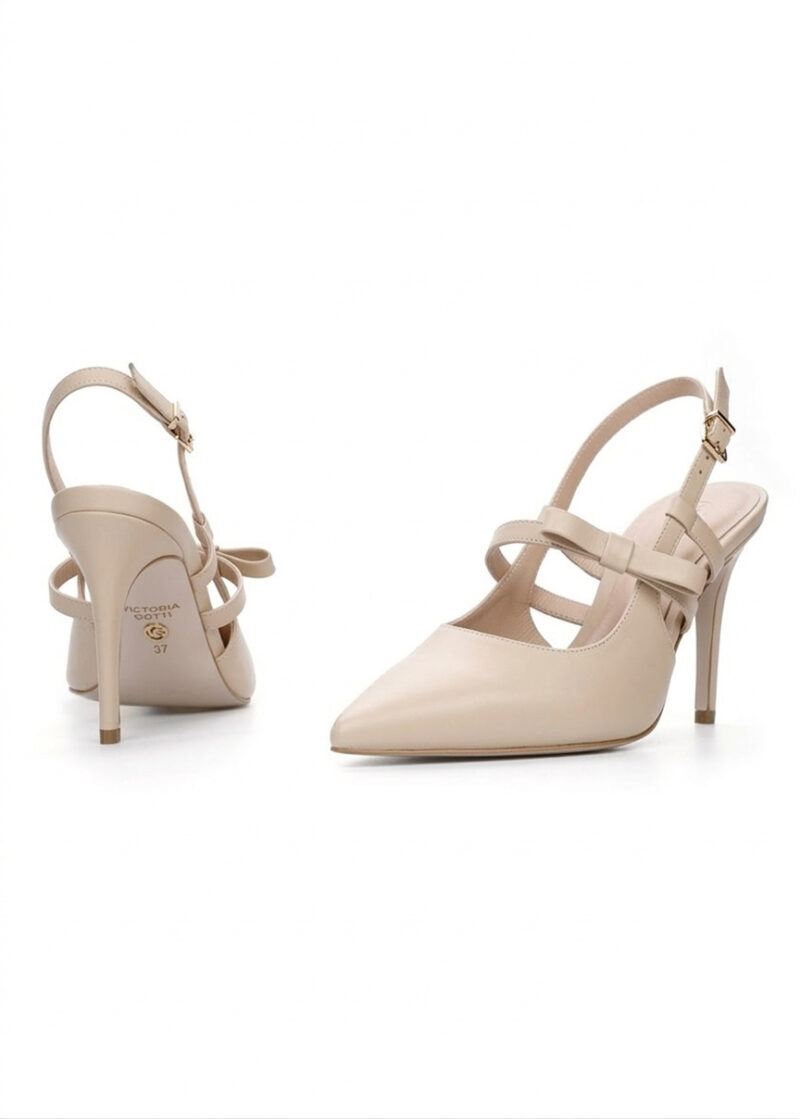 beżowe skórzane czółenka z kokardką przód tył BELLA BEIGE