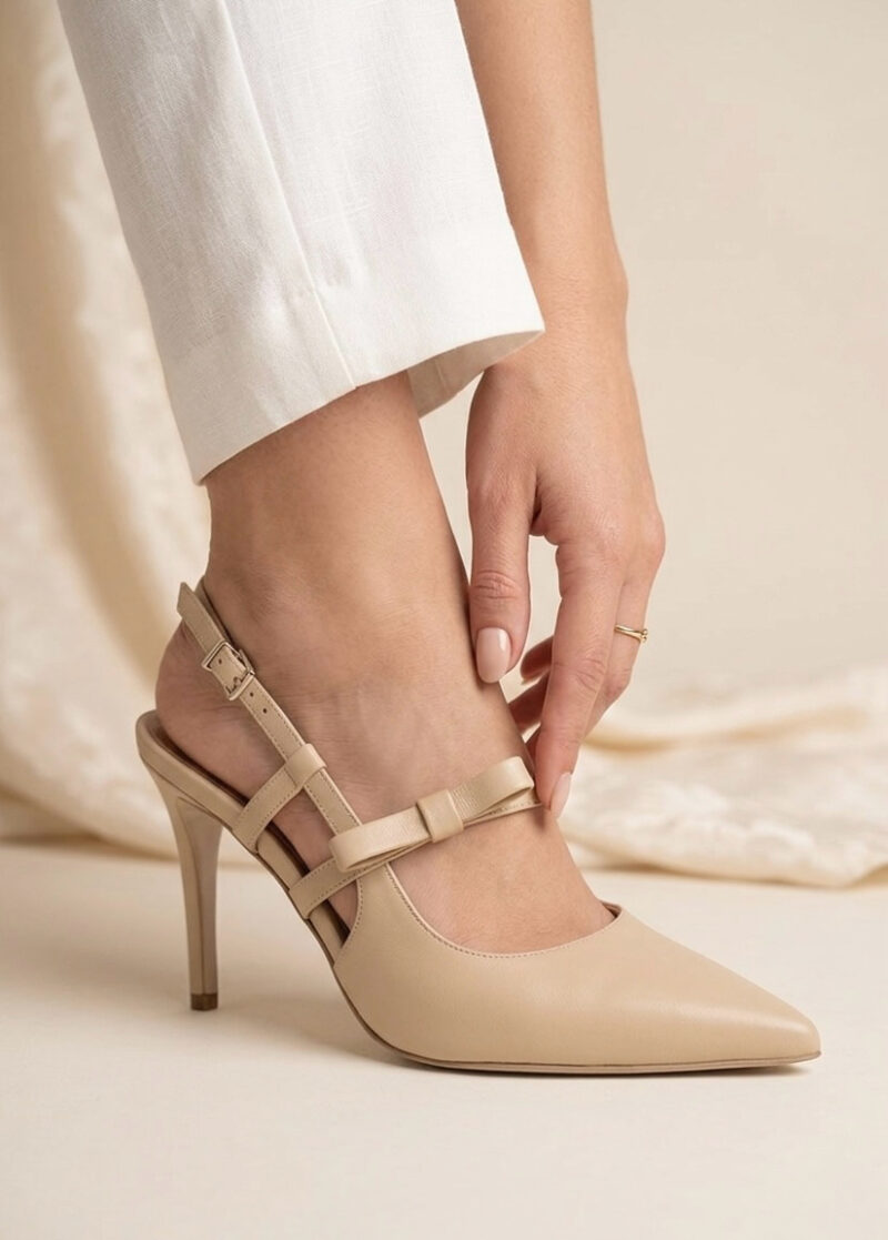 beżowe skórzane czółenka z kokardką BELLA BEIGE